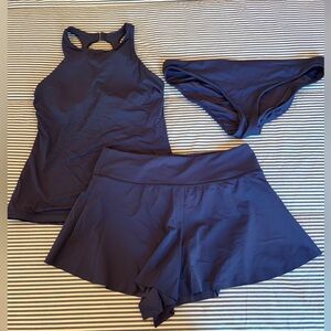 Athleta Navy Three-Piece Swim Set — Tankini, Swim skort, & Bikini bottoms